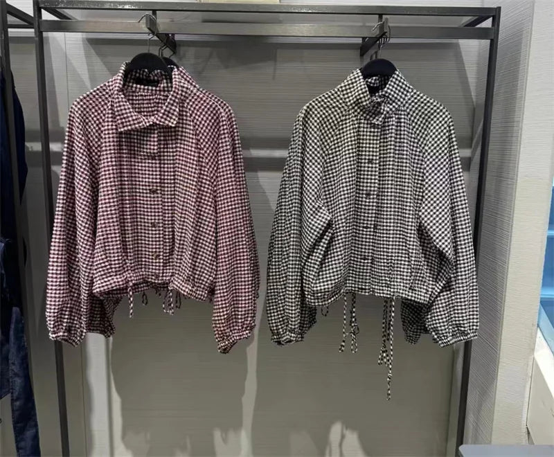 Damen Bluse Gingham Karomuster Stehkragen Langarm