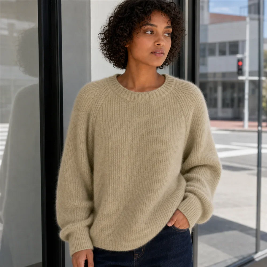Damestrui met ronde hals, wijde pasvorm, ribgebreide look en lange mouwen