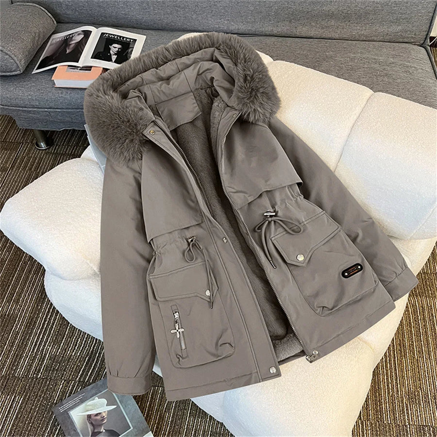 Damen Winterjacke Parka mit Kapuze Pelzimitat Innenfutter Tunnelzug