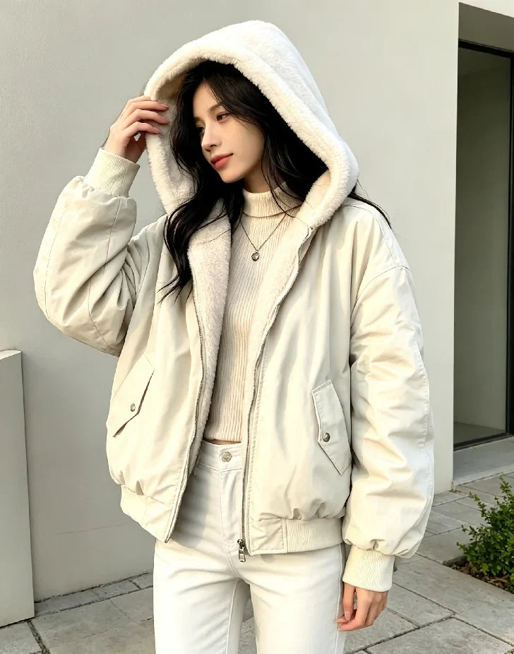 Damen Wendejacke mit Kapuze Teddyfutter Bomberjacke Warm
