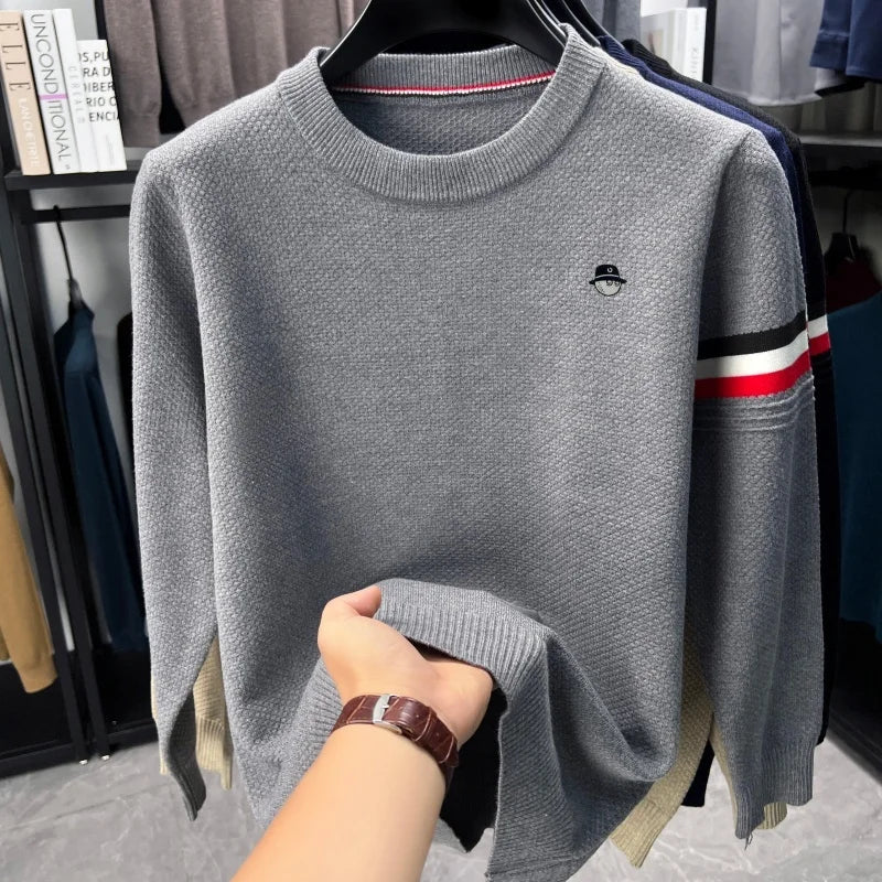 Heren pullover met lange mouwen, ronde hals, fijngebreid, ribboorden, borduursel