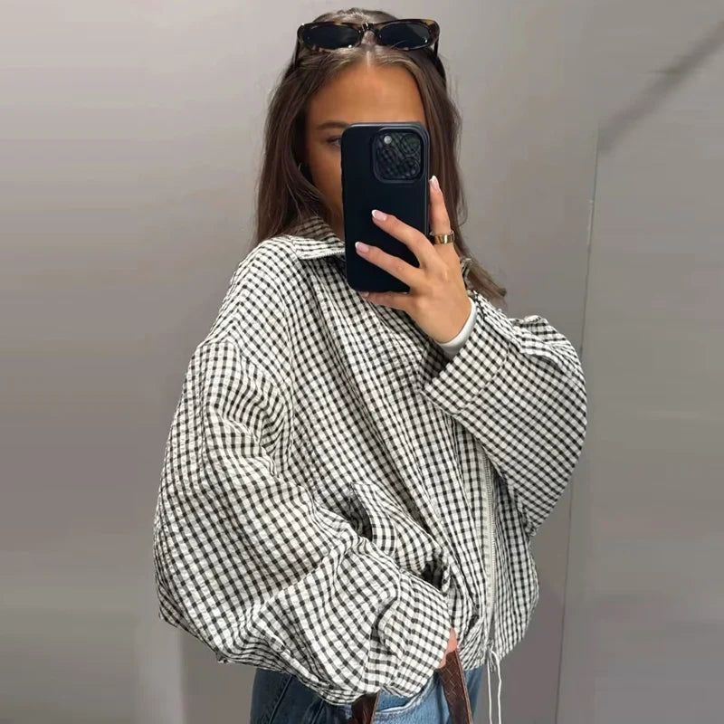 Damen Kariertes Hemd Kragen Langarm Locker Oversized Bluse