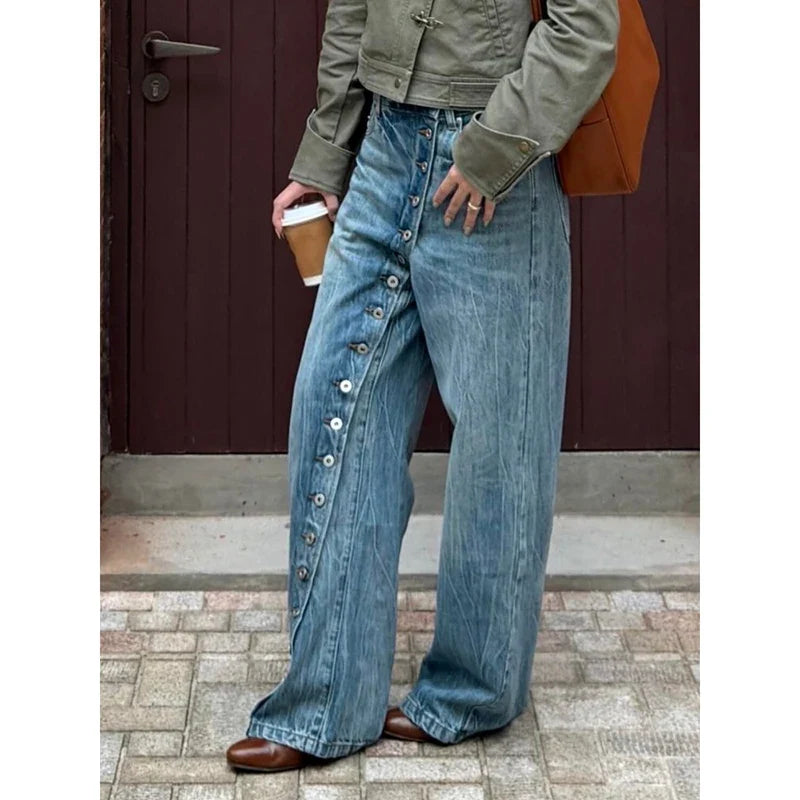 Loose Fit Jeans Damen Hellblau Weites Bein Knöpfe