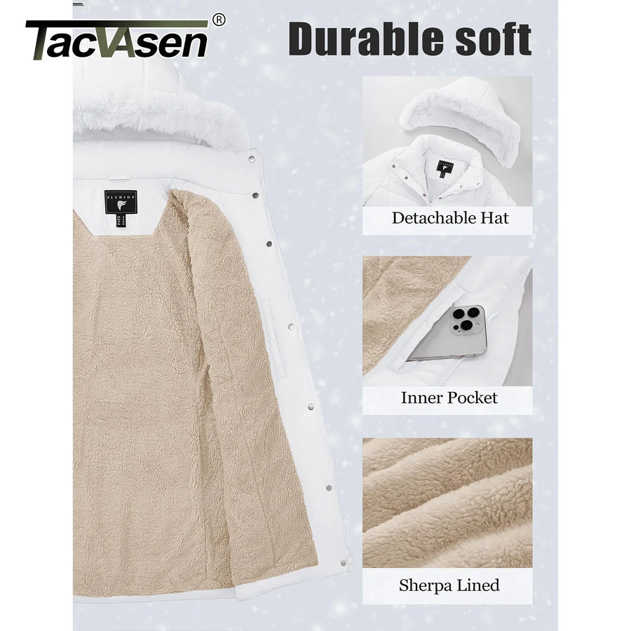 Damen Winter Steppjacke lang gefüttert mit Kapuze und Fellimitat in Weiß