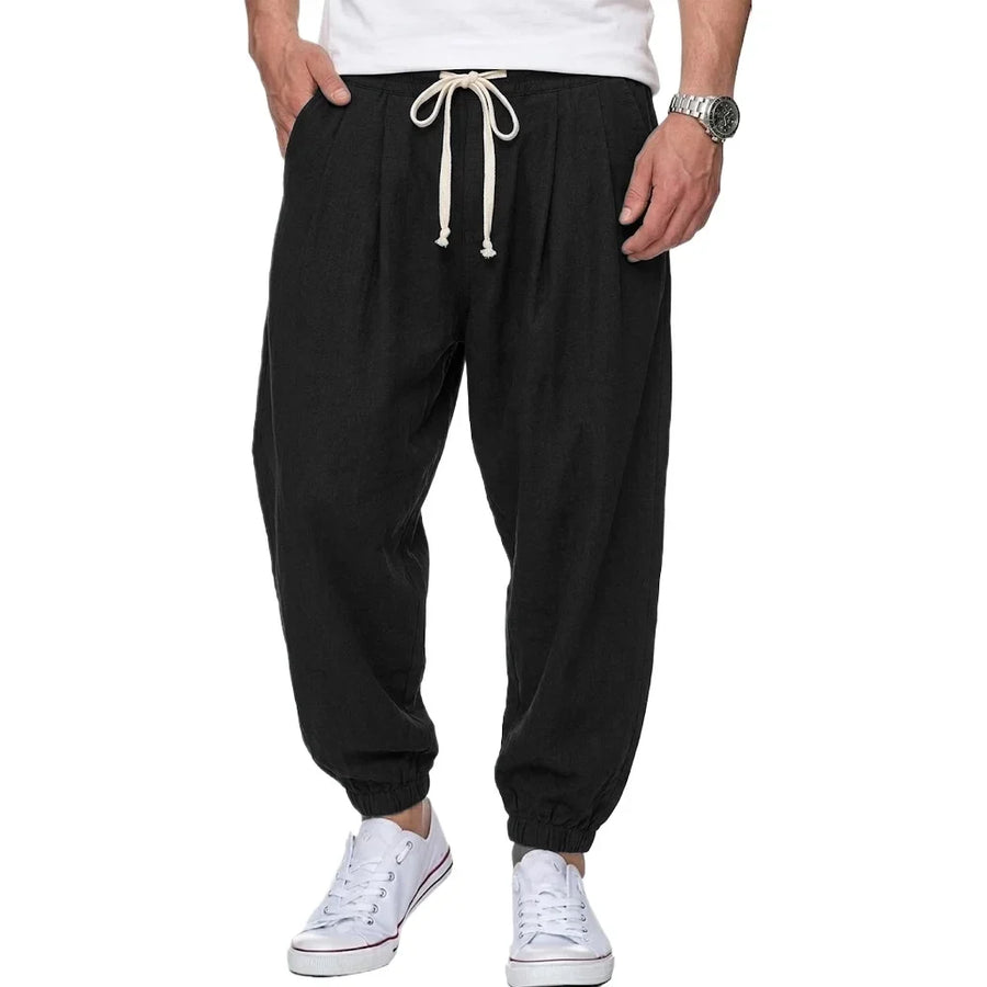 Vrijetijdsbroek voor heren in linnenlook, losse pasvorm, elastische tailleband