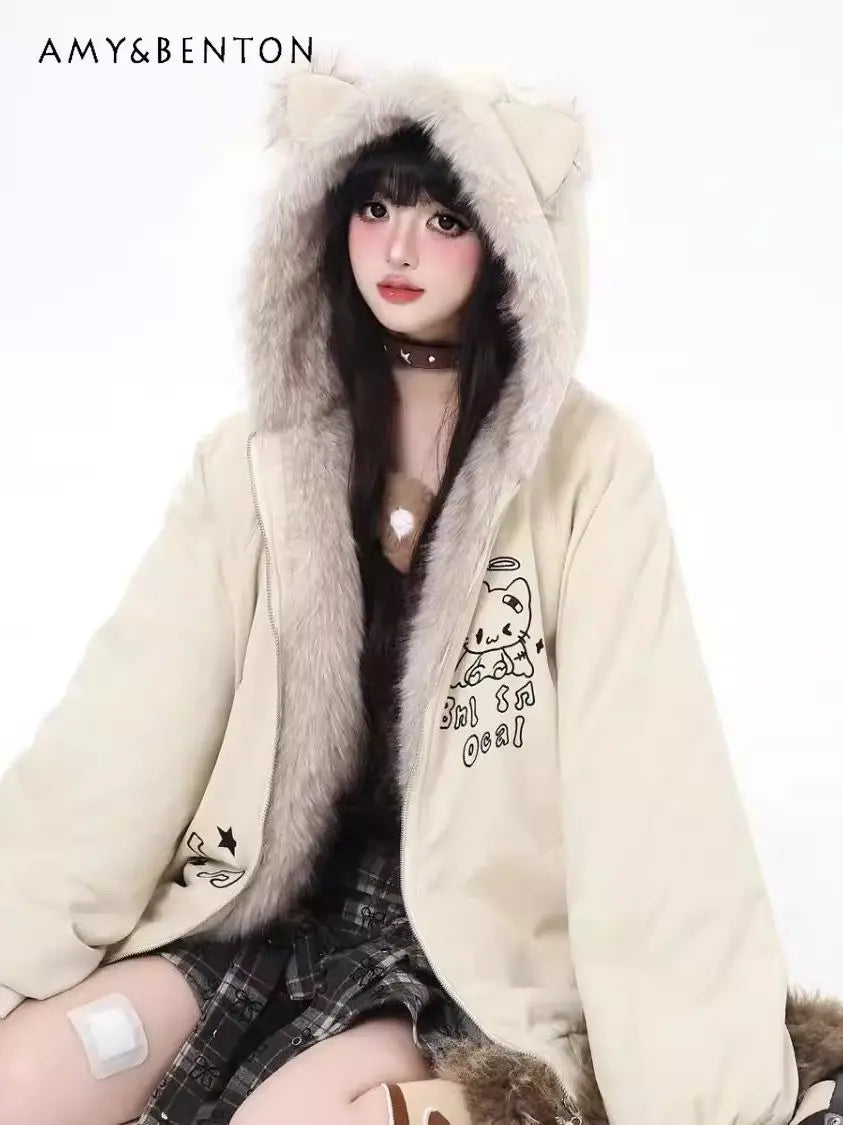 Damen Jacke mit Kapuze, Teddy-Ohren und Pelzimitat Futter