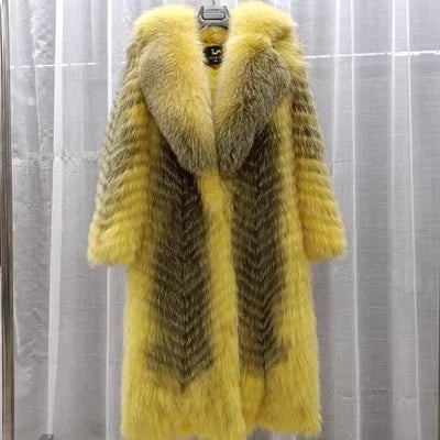 Damen Langer Mantel mit Pelz-Optik im Chevron-Muster