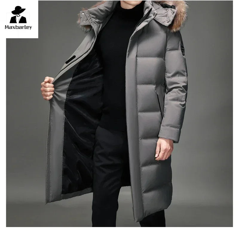 Langer Herren Winter Steppmantel mit Kapuze und Fellimitat-Besatz