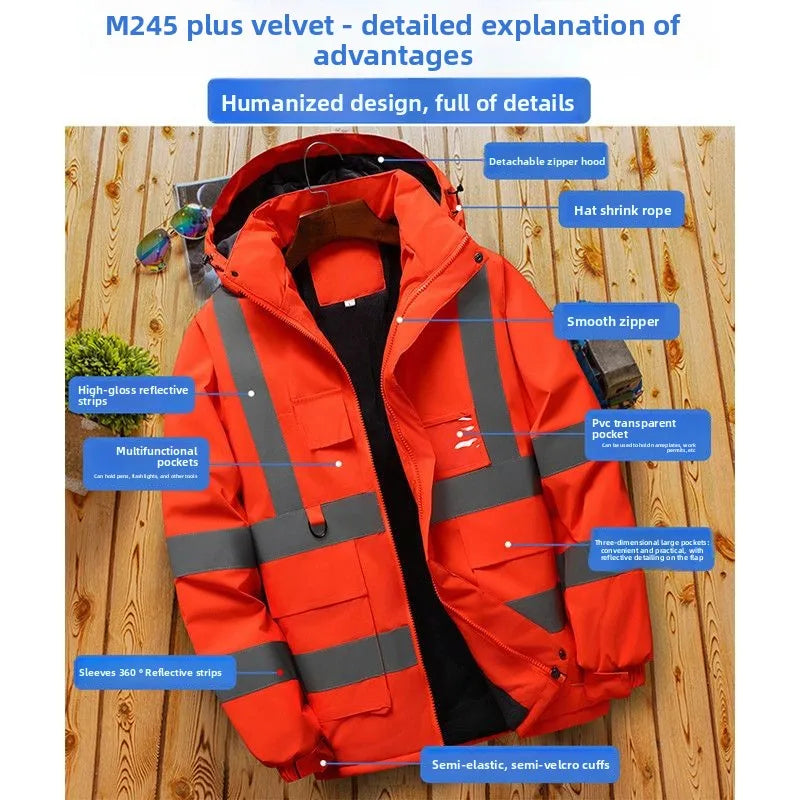 Unisex Winter Warnschutzjacke mit Kapuze, Fleece-gefüttert, Reflektorstreifen
