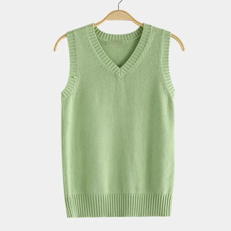 Unisex gebreid vest met V-hals - effen, zonder mouwen, met geribde zoom