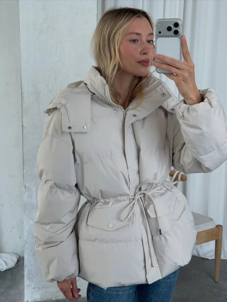 Damen Pufferjacke mit Kapuze und Taillenzugband