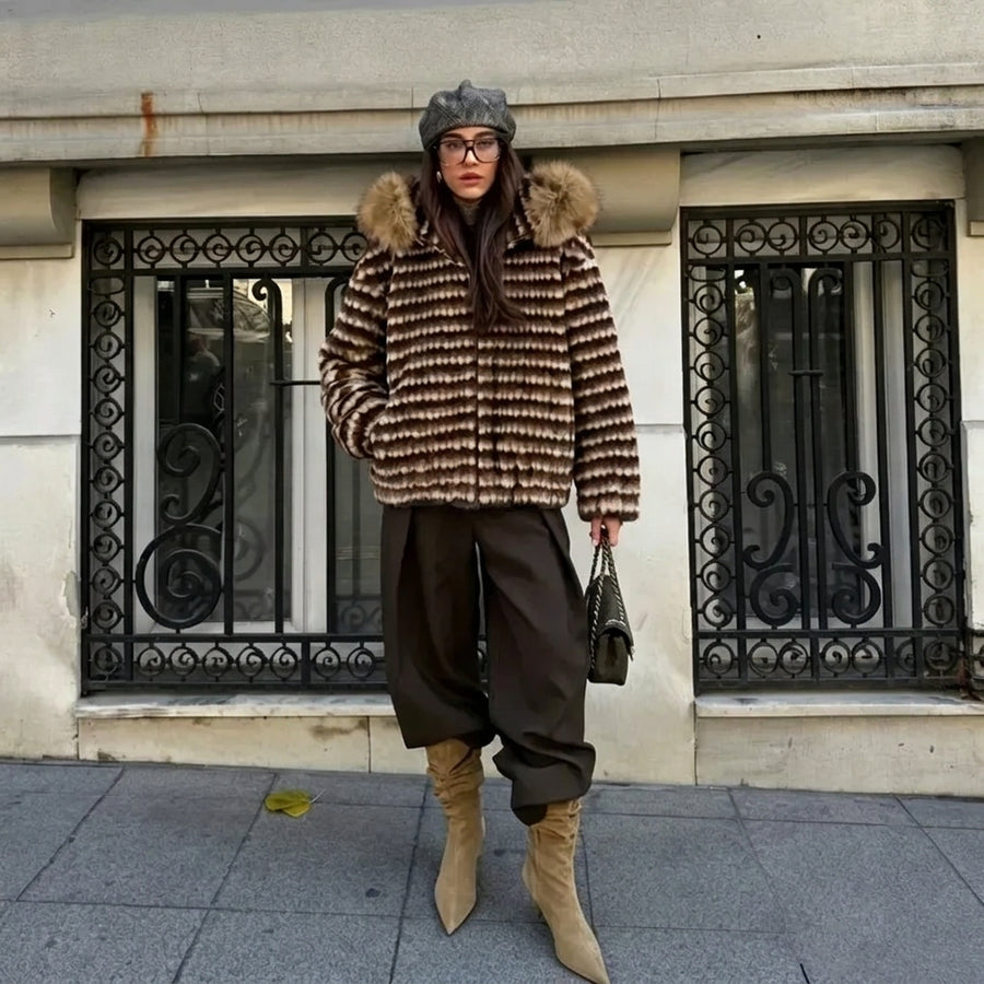 Damen Jacke mit Kapuze, gestreift, Fellimitat, Winterjacke warm