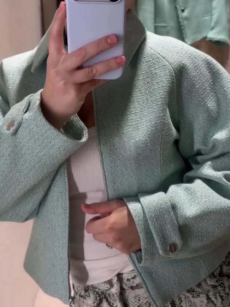 Damen Kurzjacke Strukturiert Hellgrün mit Reißverschluss