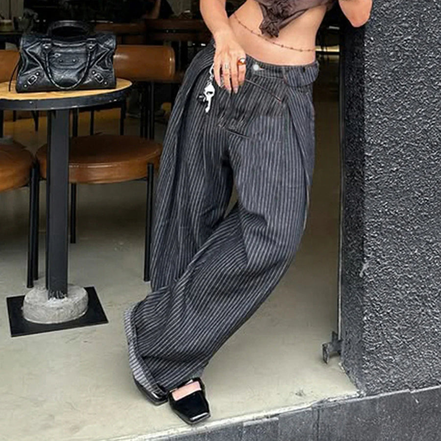 Damen Baggy Hose mit weitem Bein und Nadelstreifen Schwarz