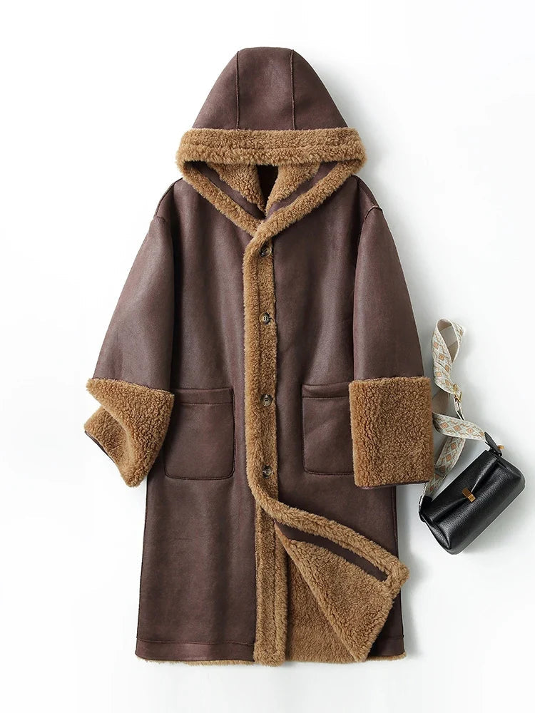 Lange dames teddyjas met capuchon, zachte winterjas in bruin