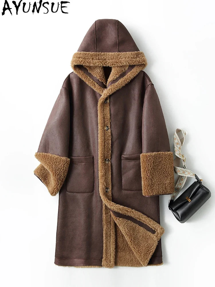 Damen Hooded Teddy Mantel Lang Flauschi Wintermantel mit Kapuze Braun
