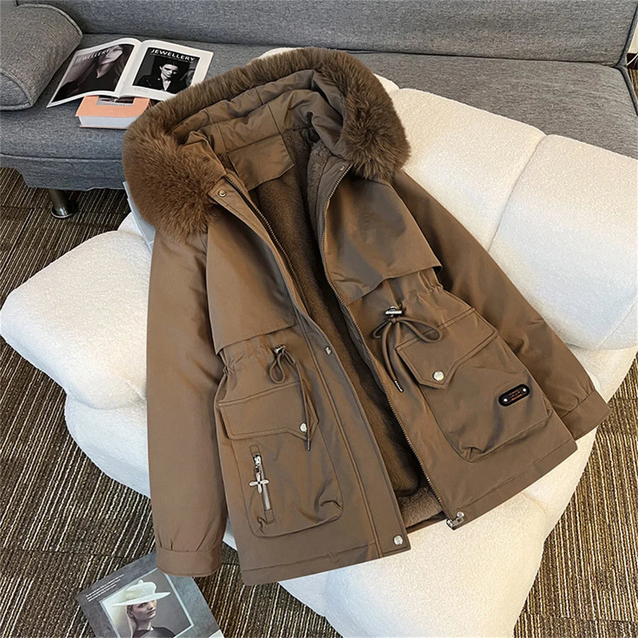 Damen Winterjacke Parka mit Kapuze Pelzimitat Innenfutter Tunnelzug
