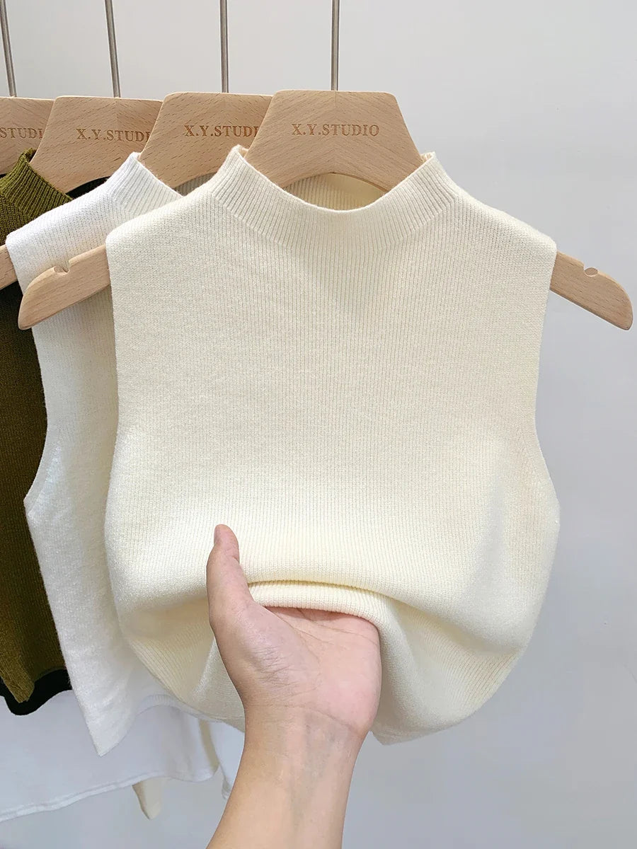 Geripptes Stricktop Ärmelloser Mock-Neck Pullunder Damen