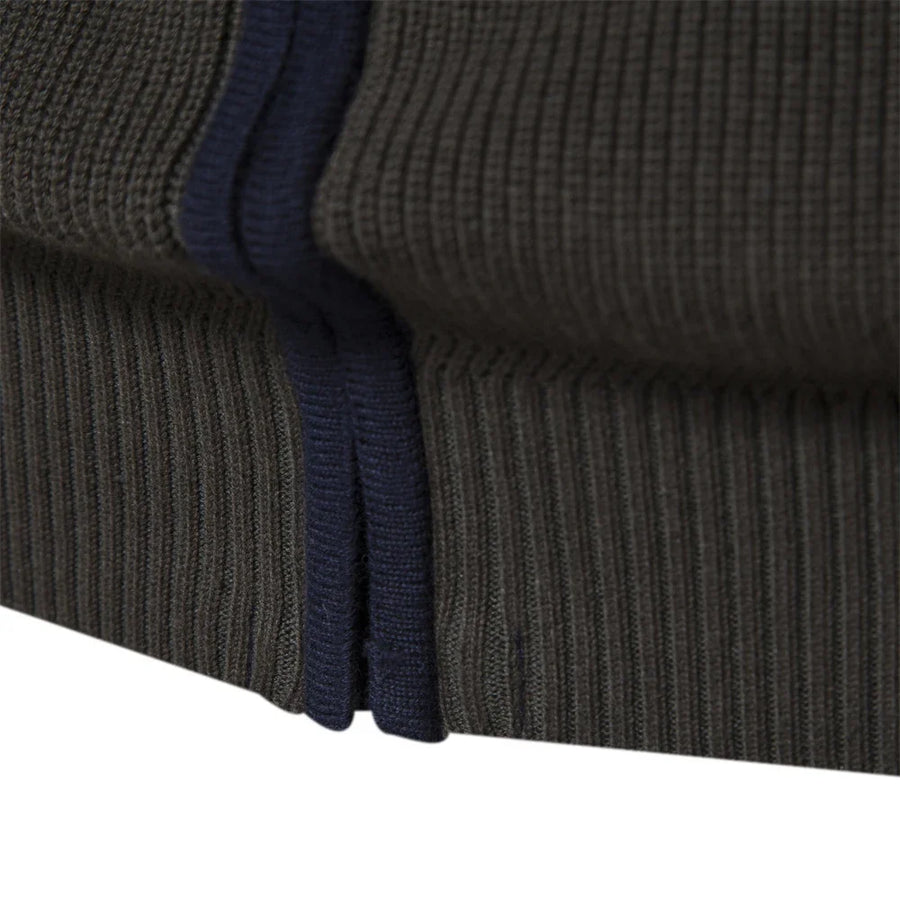 Herenvest met rits, opstaande kraag en kleurvlakken, marineblauw en bruin