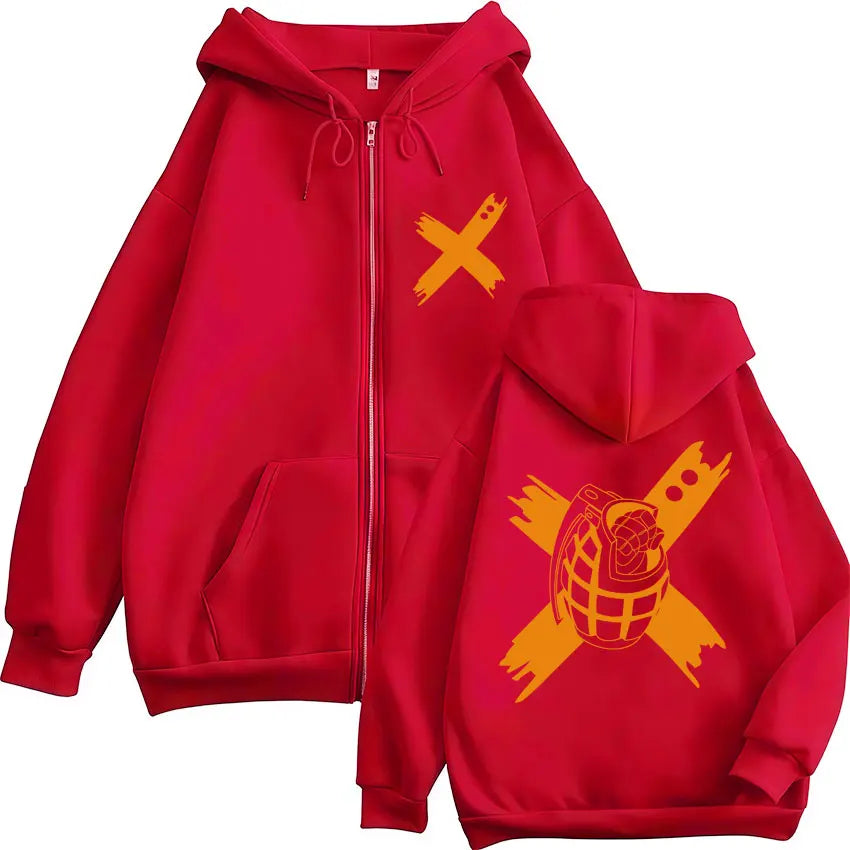 Unisex Reißverschluss Hoodie mit Kapuze & Druckmotiv, lässig