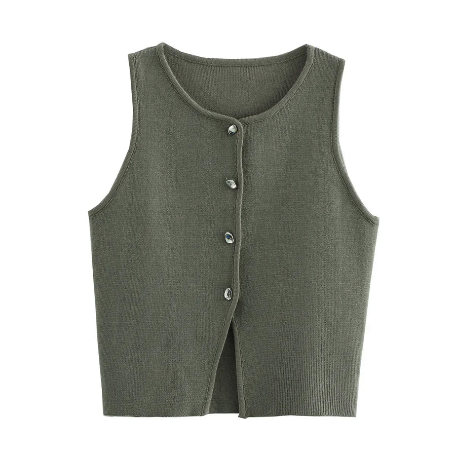 Kort damesvest van gebreid materiaal, zonder mouwen, met knopen