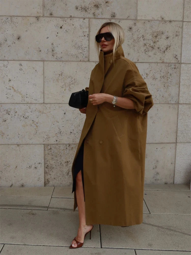 Damen Oversize Trenchcoat Mantel Lang Glockenärmel Stehkragen Gürtel Freizeit Jacke