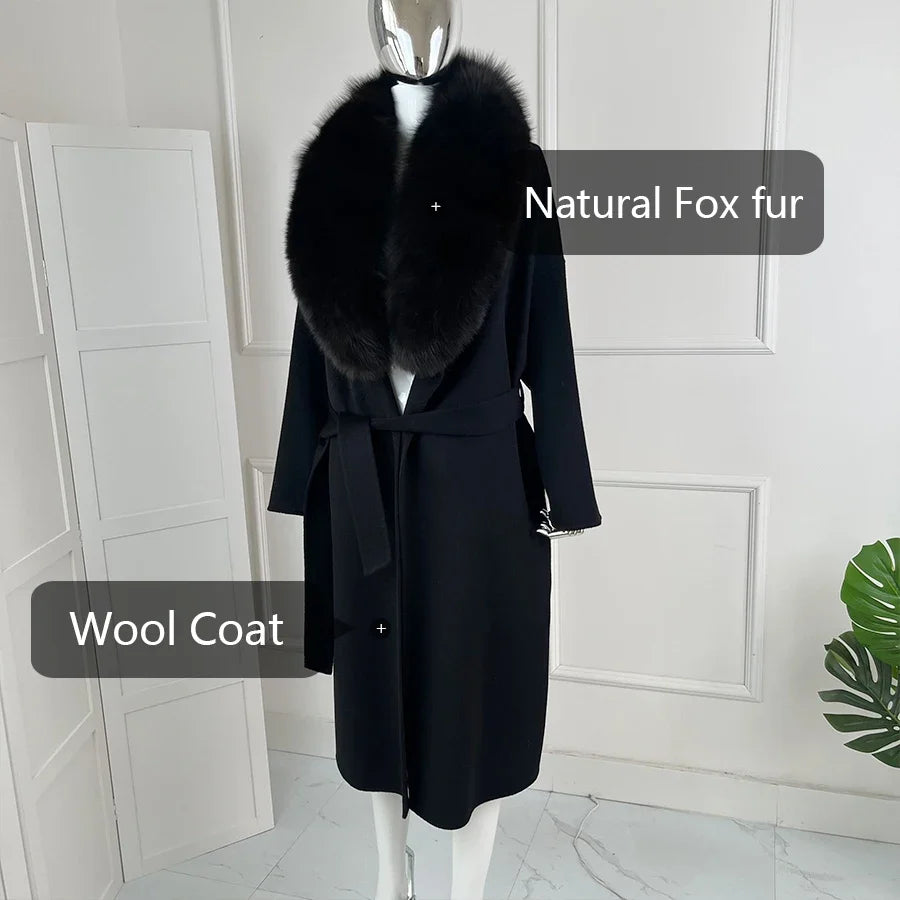 Damen Wickelmantel Schwarz mit Fellkragen Elegant