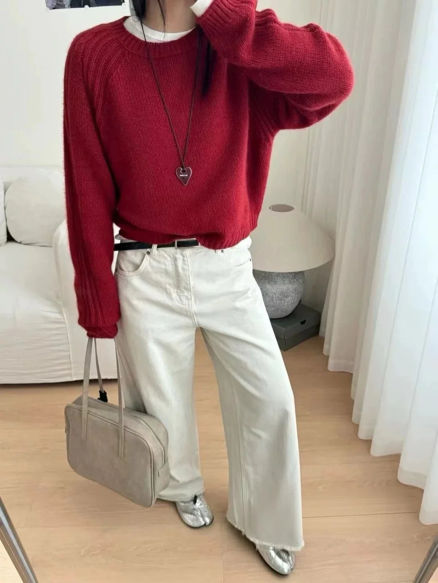 Damen Strickpullover Oversize Rundhals Gerippte Ärmel