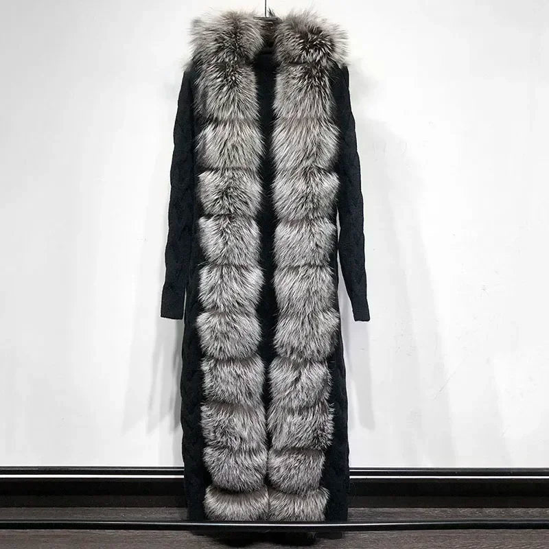 Damen Strickmantel lang mit Kunstpelzbesatz