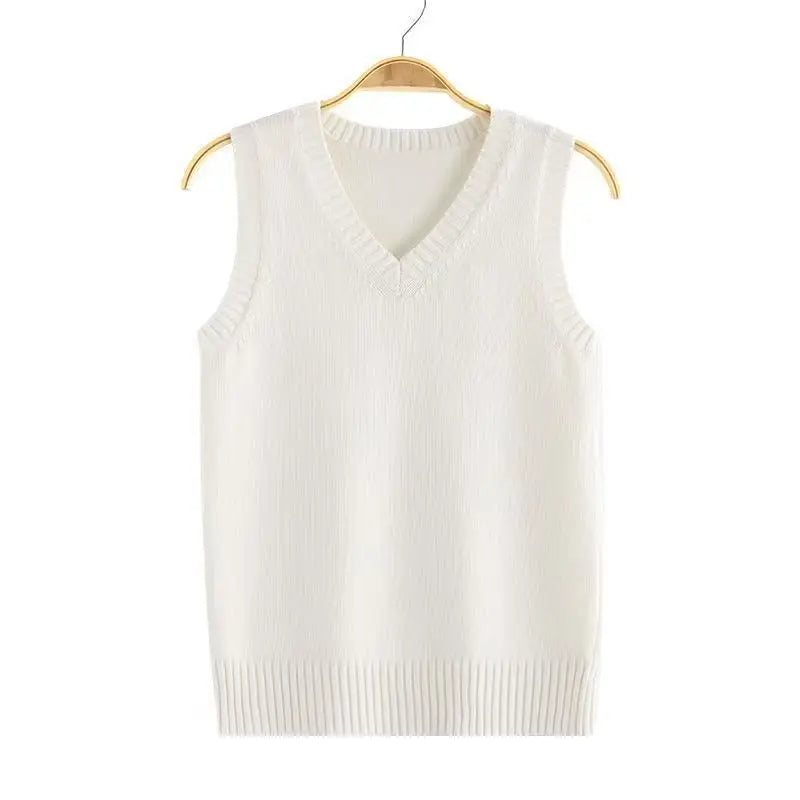Unisex gebreid vest met V-hals - effen, zonder mouwen, met geribde zoom