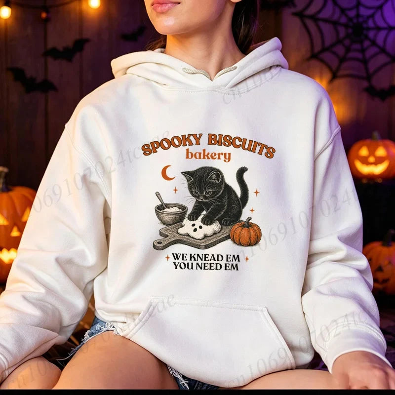 Hoodie met kattenmotief op de achterkant, "Spooky Biscuits Bakery"-print, sweatshirt met capuchon