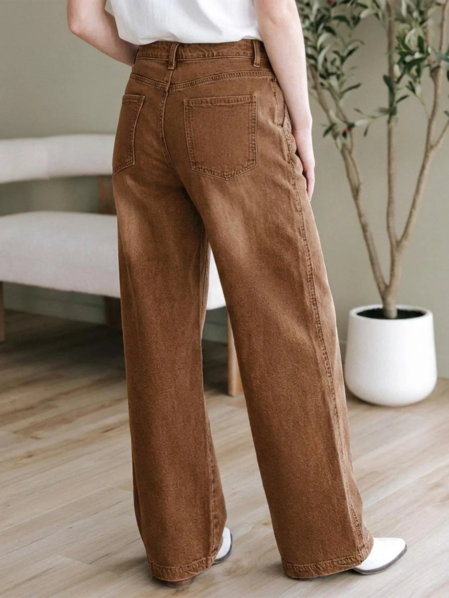 Bruine wide-legbroek voor dames met hoge taille en knoopdetails