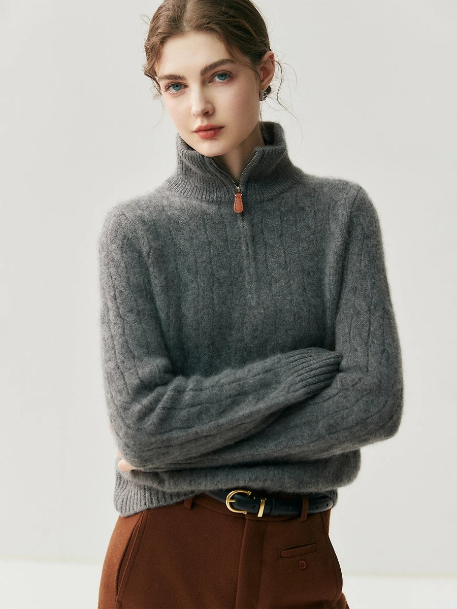 Damen Strickpullover Zopfmuster Halb-Reißverschluss Rollkragen