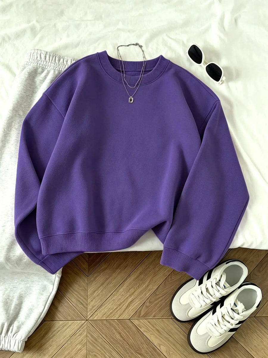 Unisex sweatshirt met lange mouwen, ronde hals, effen kleur, losse pasvorm