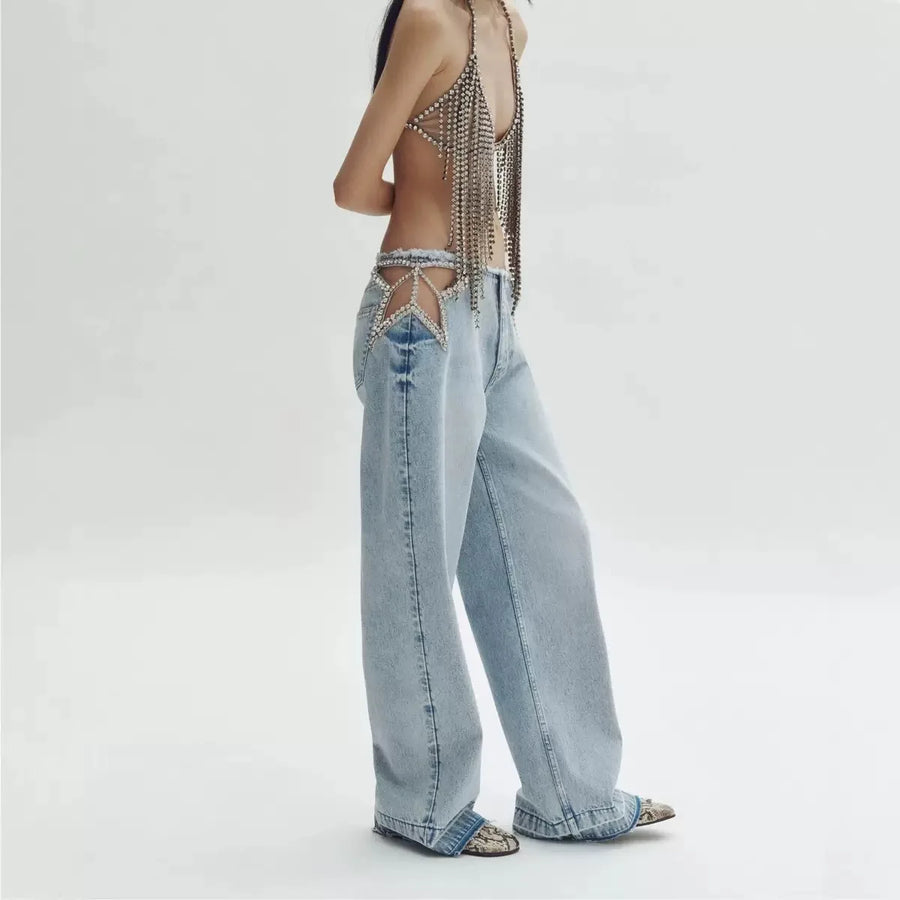 Damesjeans met wijde pijpen, hoge taille, cut-outs, stras