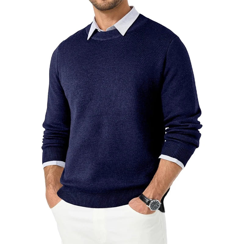 Heren trui met ronde hals – effen, lange mouwen, fijngebreide look