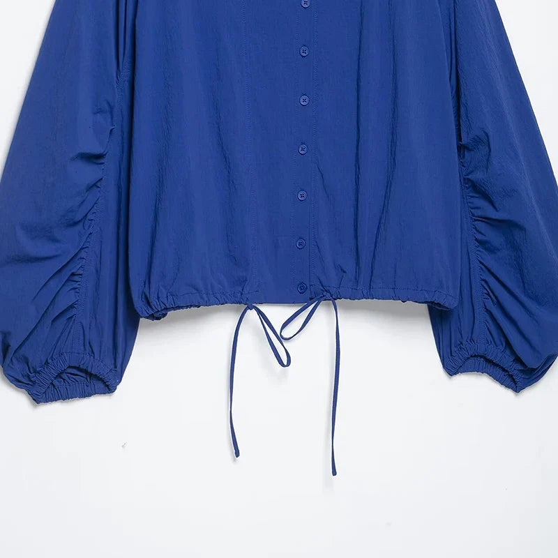Damen Blouson Jacke Blau Stehkragen Knopfleiste Lange Ärmel