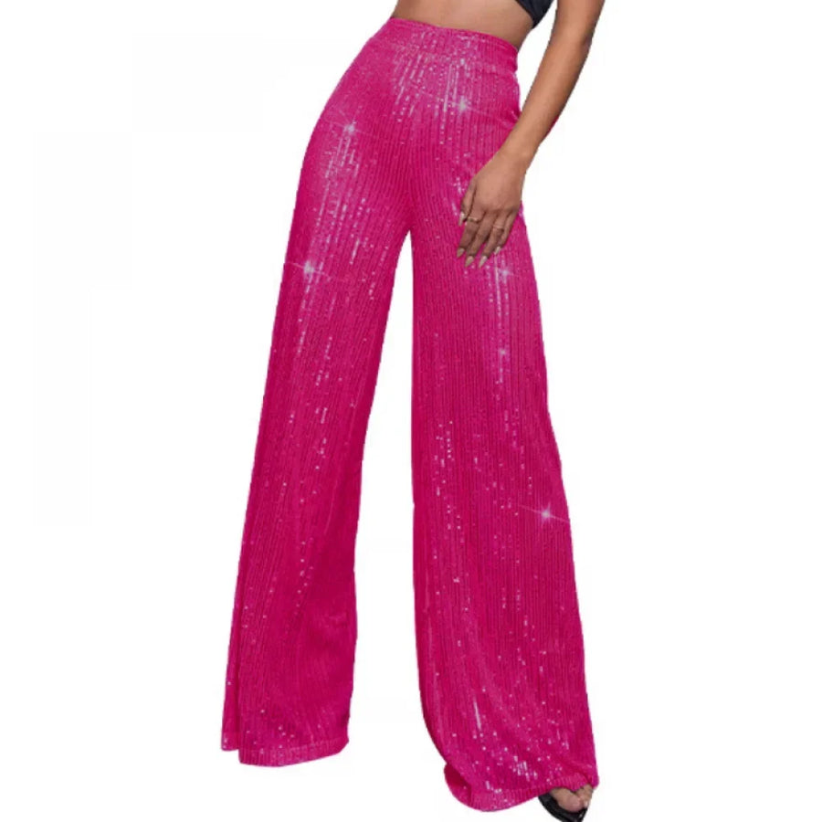 Damen Pailletten Schlaghose Hoher Bund Weites Bein Glitzernde Partyhose