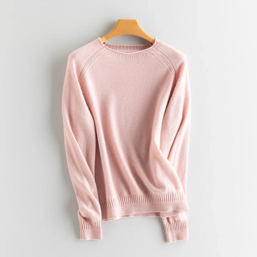 Damen Rundhals Pullover Rosa Raglanärmel Strickdetails