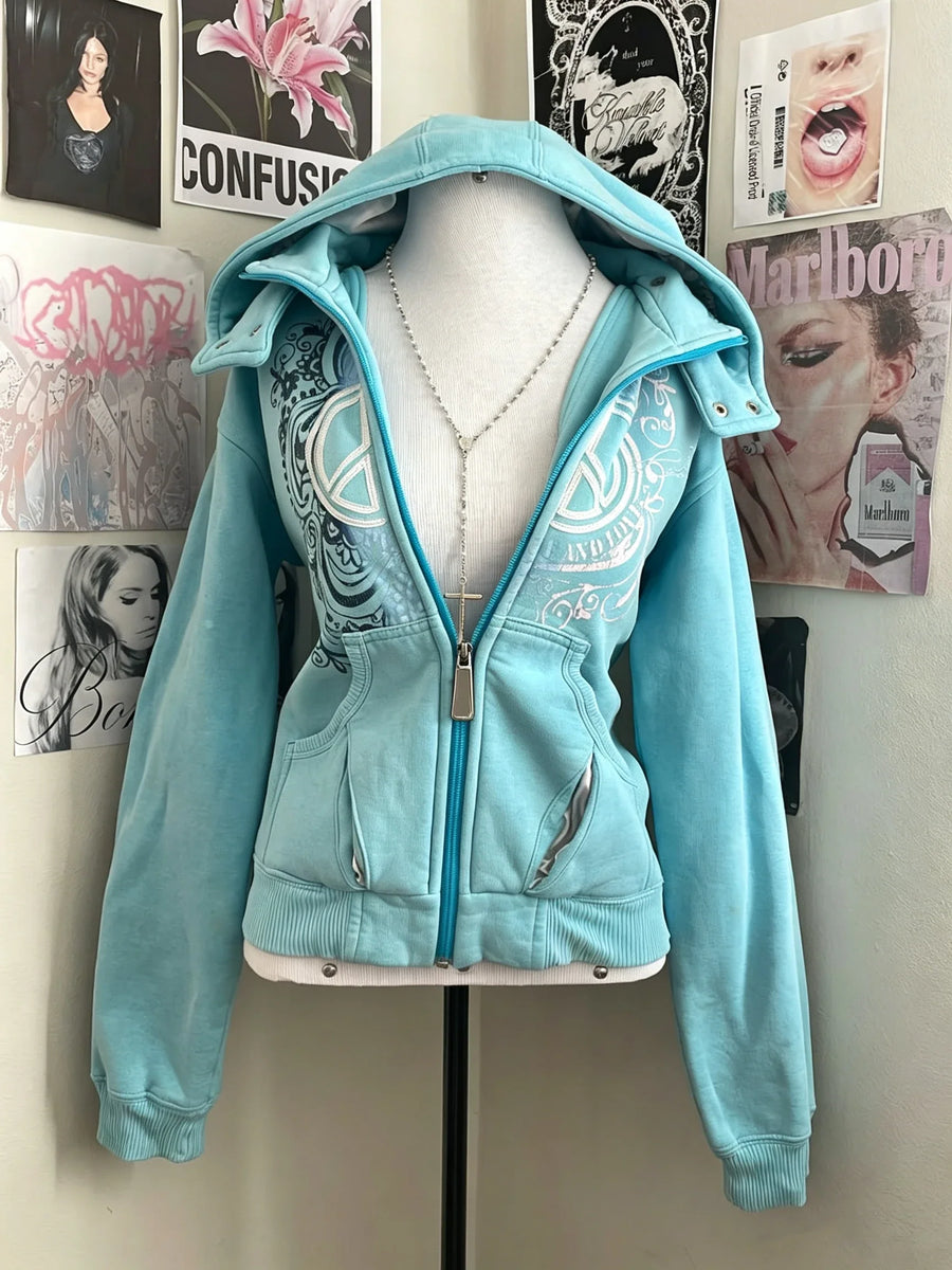 Unisex Kapuzenpullover mit Reißverschluss, türkis, grafisches Muster
