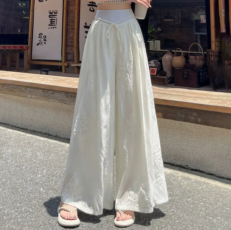 Dames witte wijde broek met borduursel, high waist en trekkoord, zomer-palazzobroek