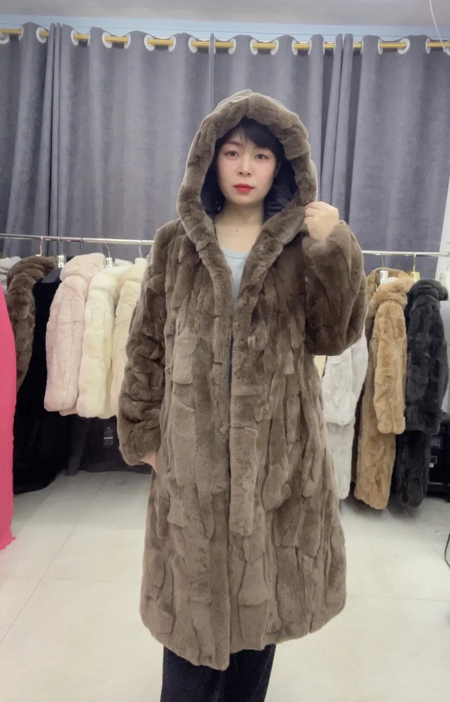 Damen Winter Kunstpelzmantel Lang mit Kapuze Braun Warm Pelzimitat Jacke