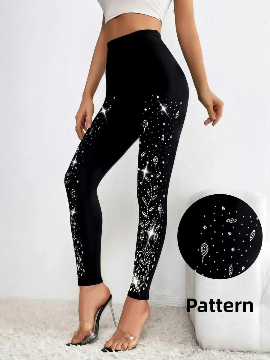 Zwarte dameslegging met glittersteenpatroon en strassteentjes, hoge taille