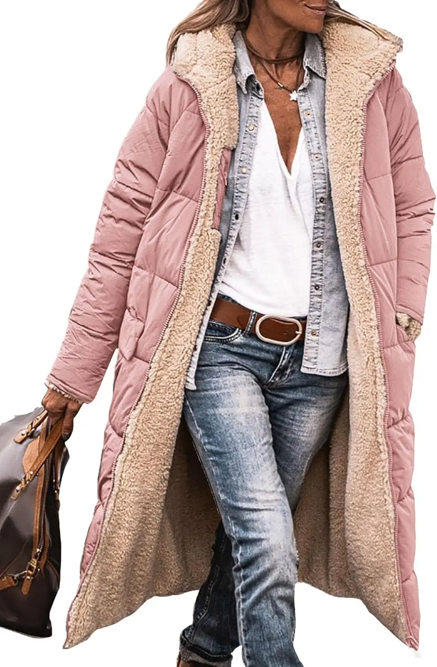Damen Langer Steppmantel mit Teddyfutter & Kapuze