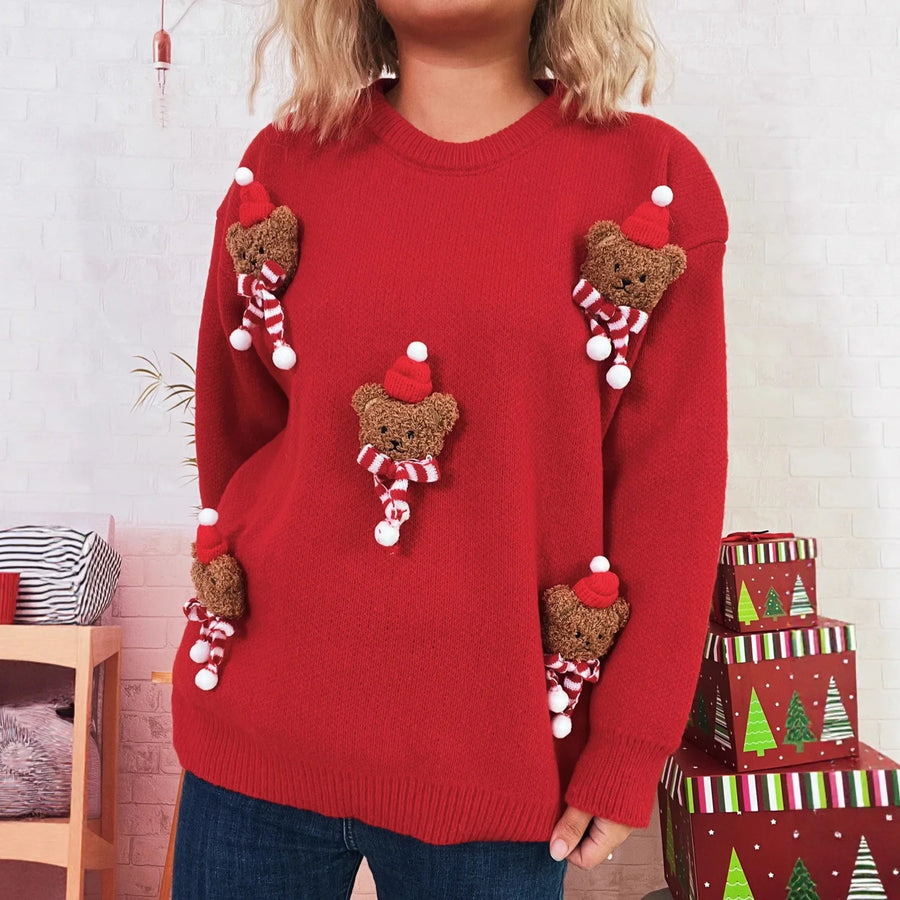 Kerstpullover met teddybeerapplicaties, lange mouwen en ronde hals