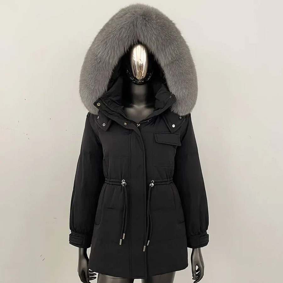 Damen Winterjacke Parka mit Kapuze Kunstfellbesatz Tunnelzug Creme