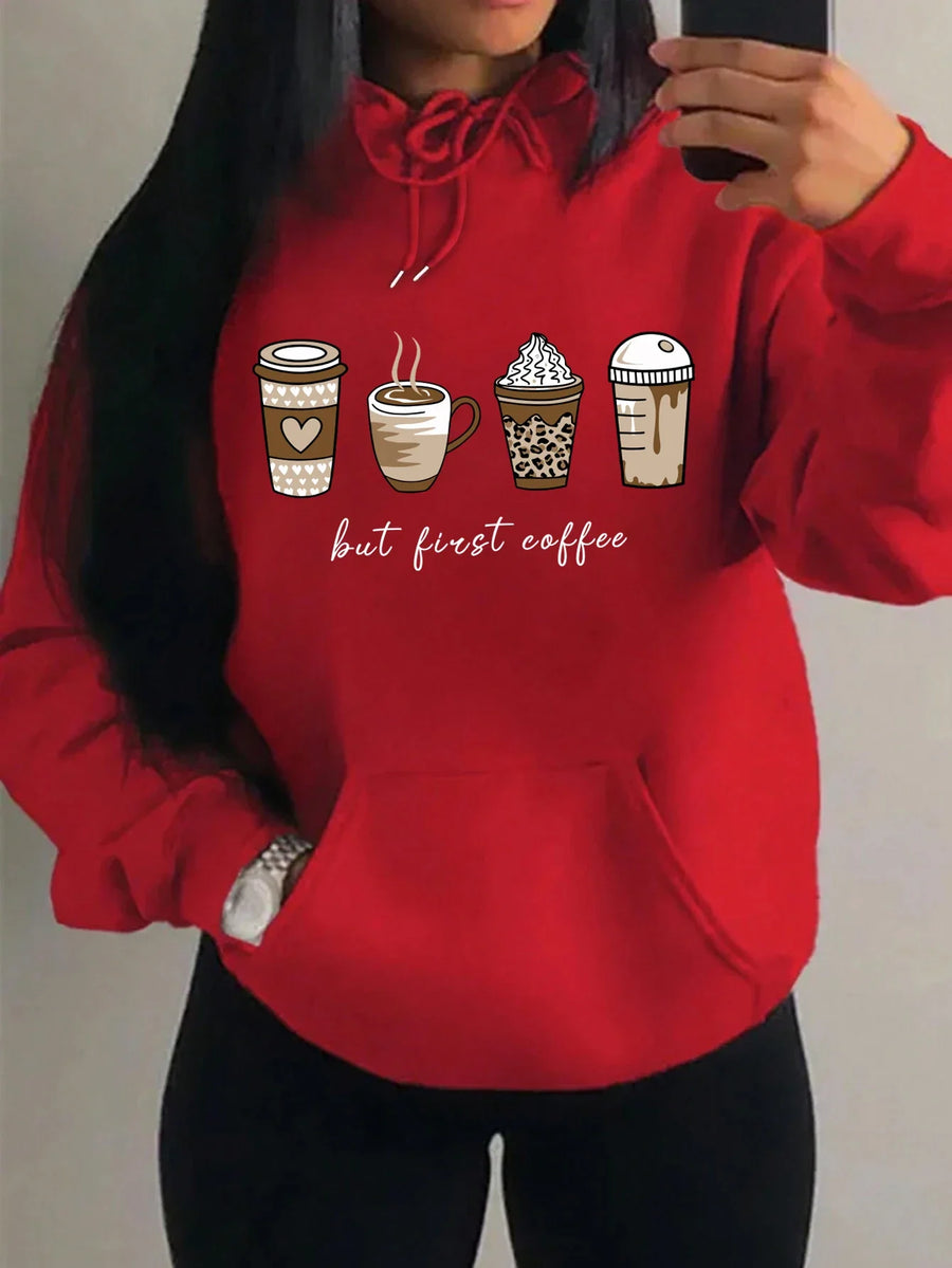 Dameshoodie met "But First Coffee"-opdruk en kangoeroezak