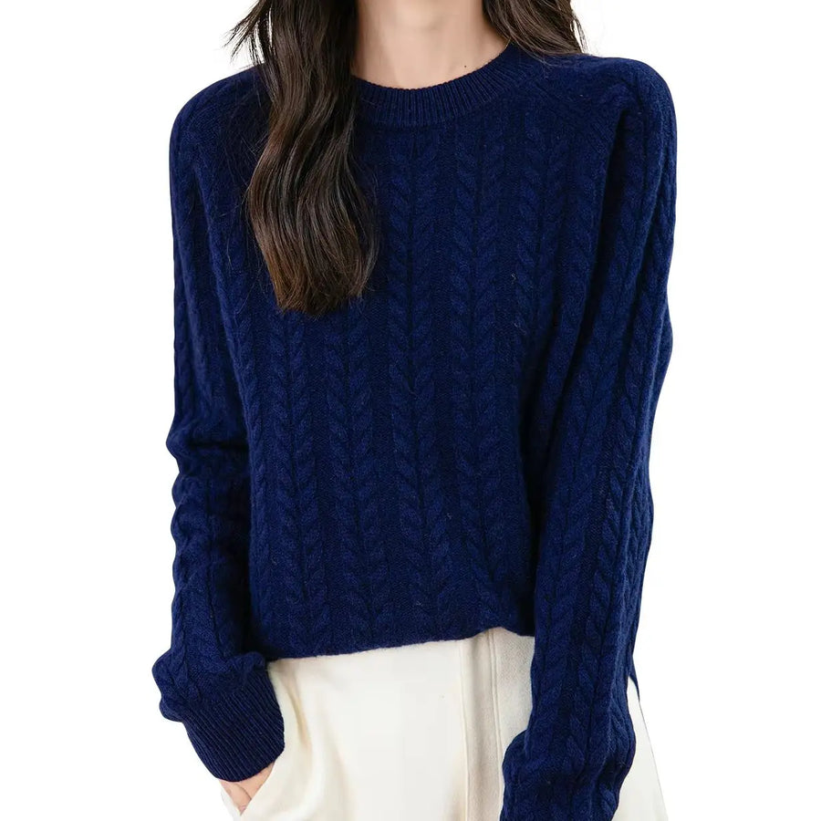 Damen Pullover Zopfmuster Rundhals Langarm Strickpullover