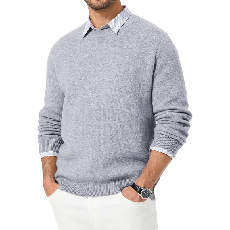 Heren trui met ronde hals – effen, lange mouwen, fijngebreide look