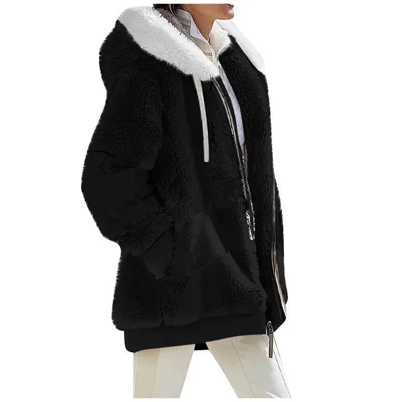 Teddy-Fleece Jacke mit Kapuze und Reißverschluss, flauschig warm